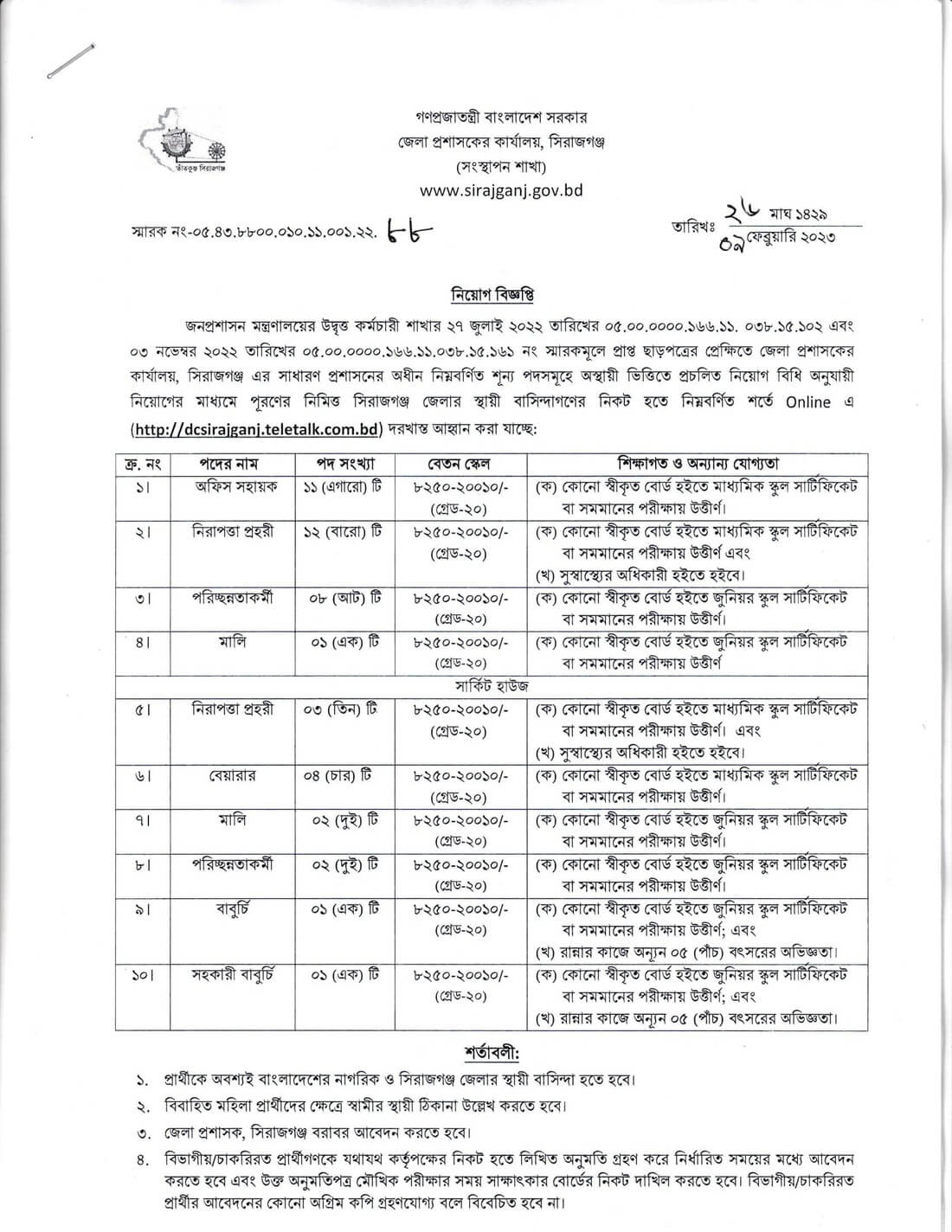 Dc office sirajganj job circular 2023 edaning