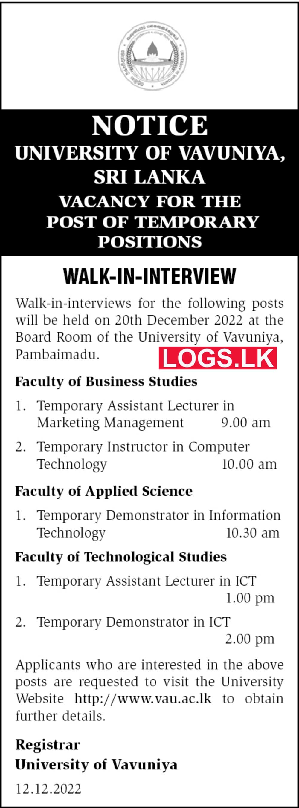 University of Vavuniya Job Vacancies Interview 2023 Application