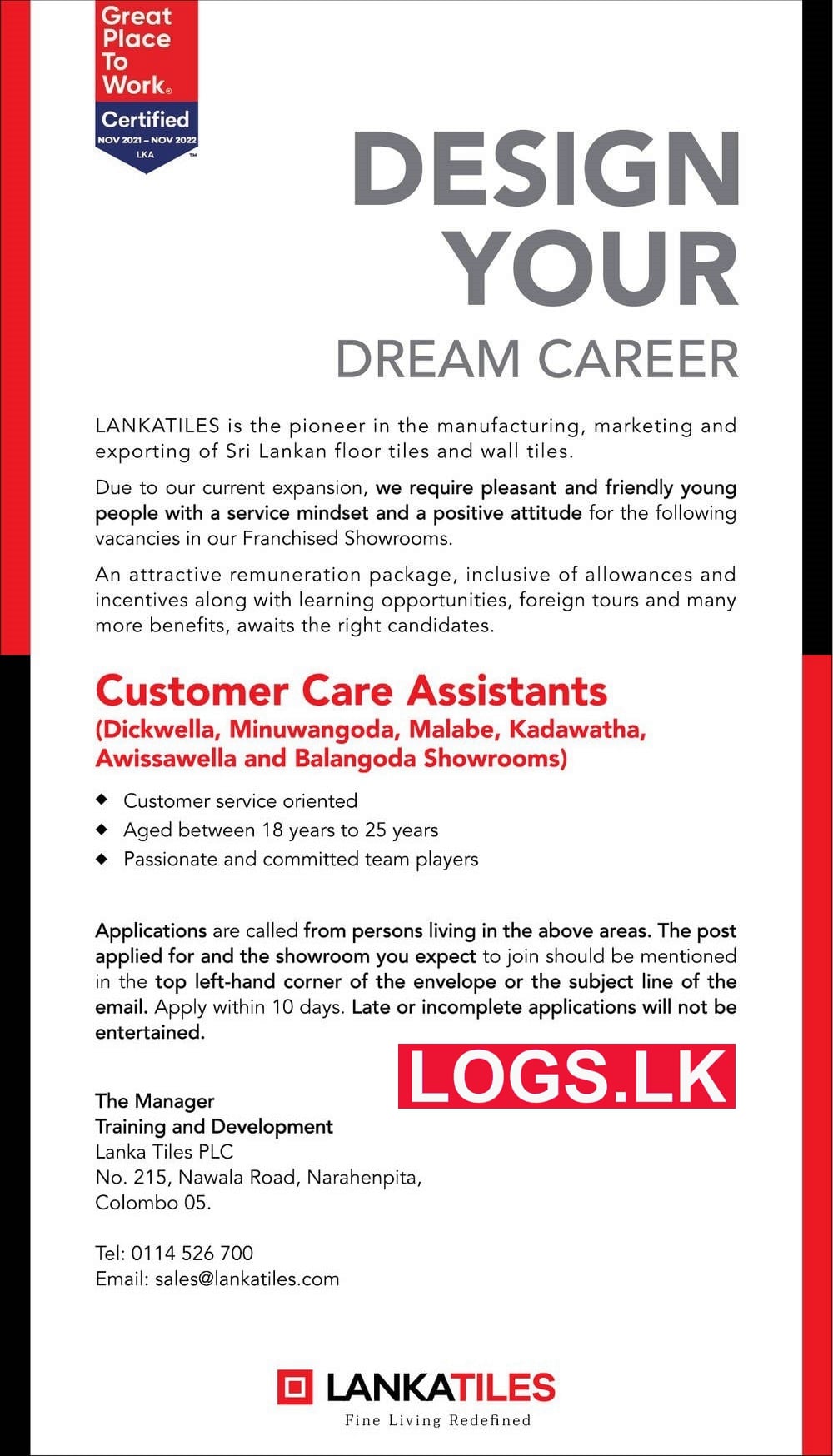 Customer Care Assistants Job Vacancies 2023 in Lanka Tiles Application Form, Details