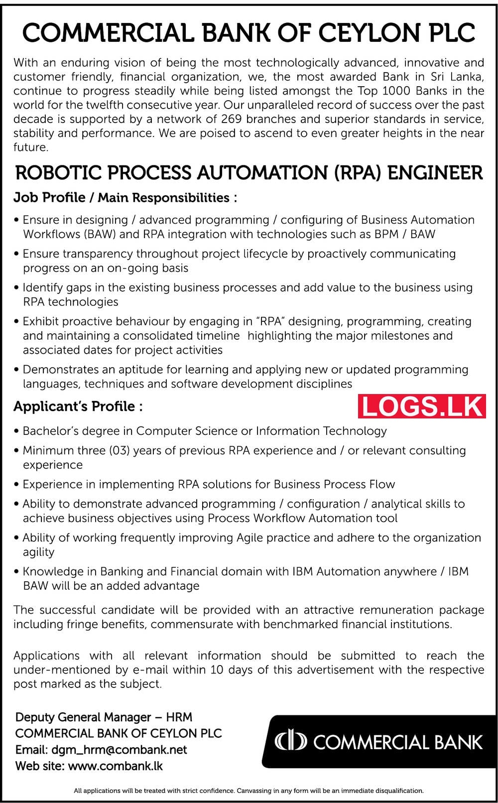 Robotics Process Automation Engineer - Commercial Bank Jobs Vacancies 2023