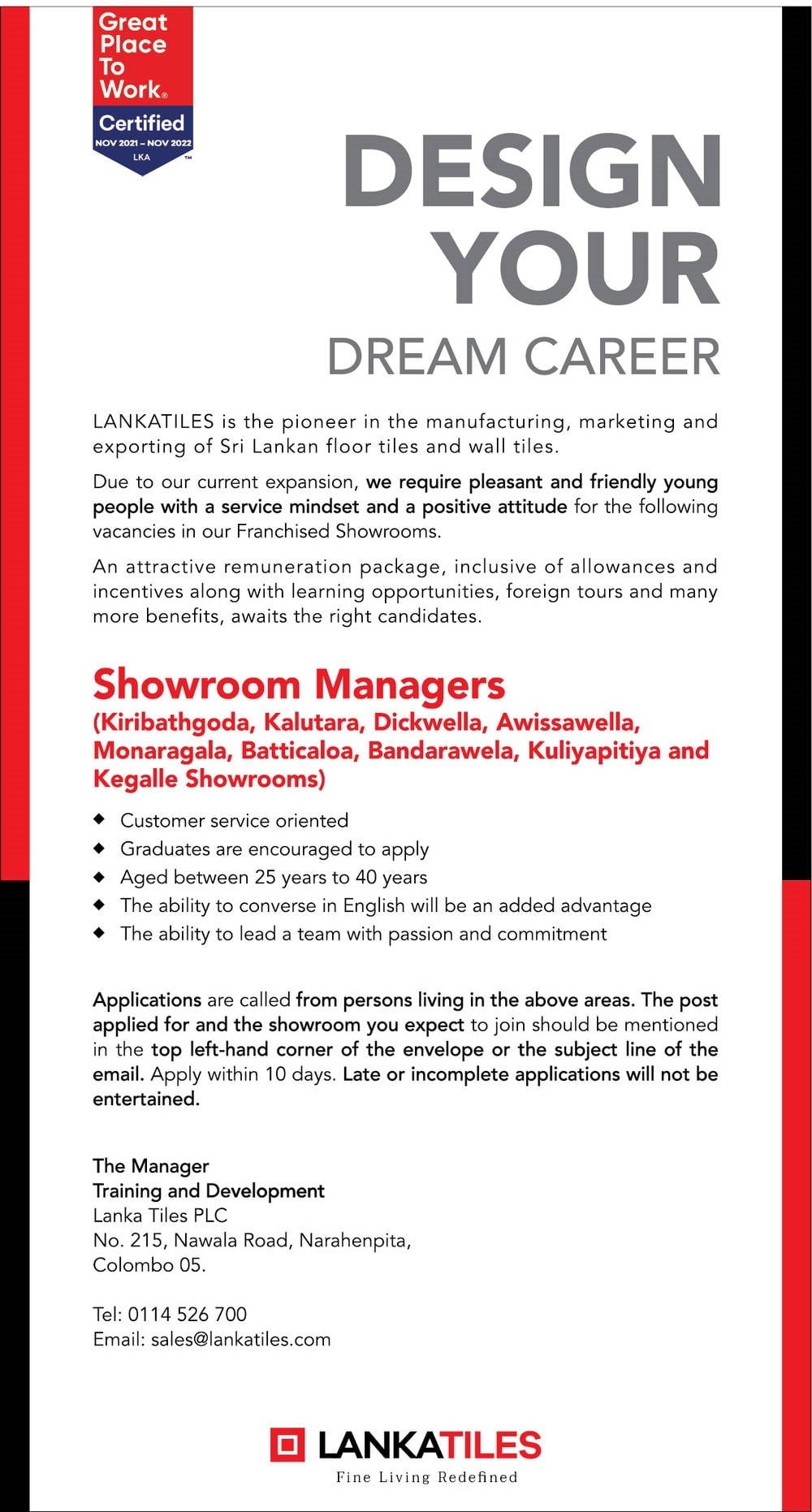 Showroom Manager Job Vacancies 2023 in Lanka Tiles Job Vacancy Details, Application