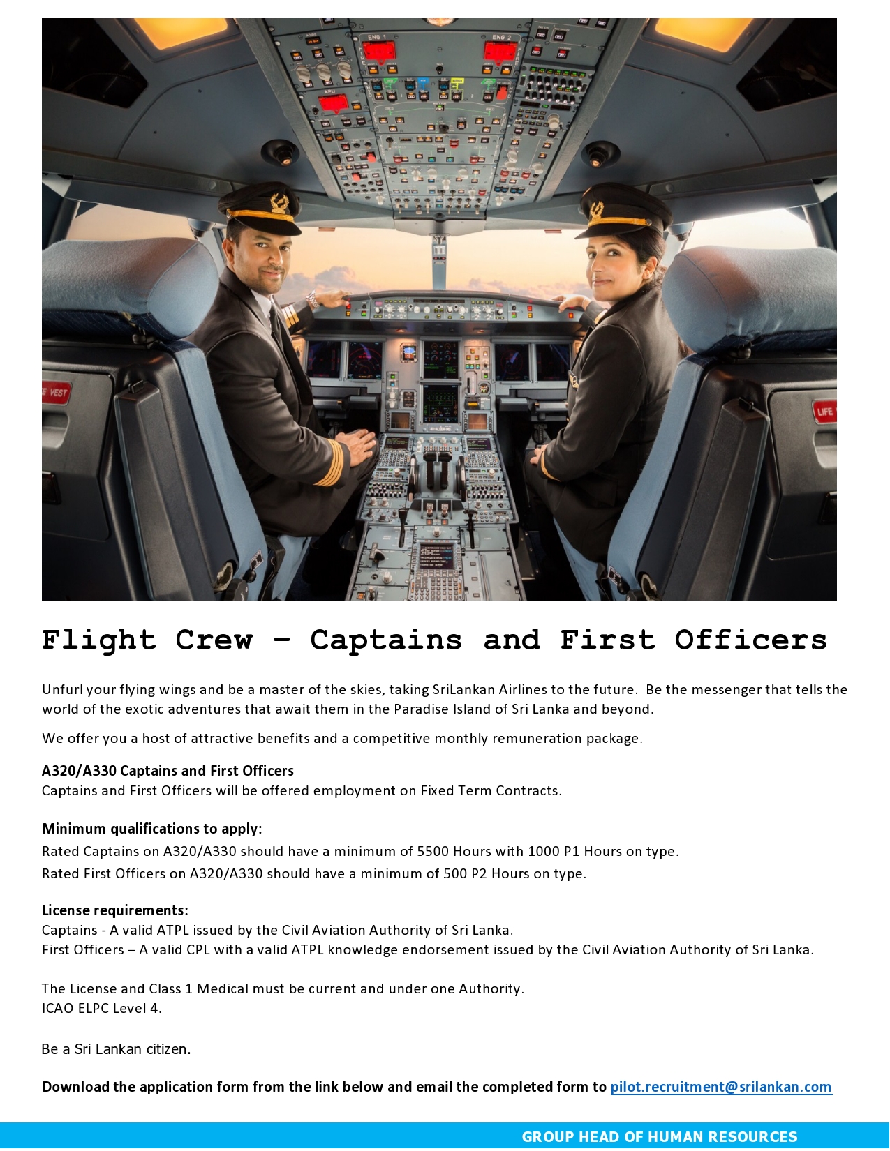 Captains And First Officers Vacancies 2023 in Sri Lankan Airlines Job Vacancy 2023 Application Form Download