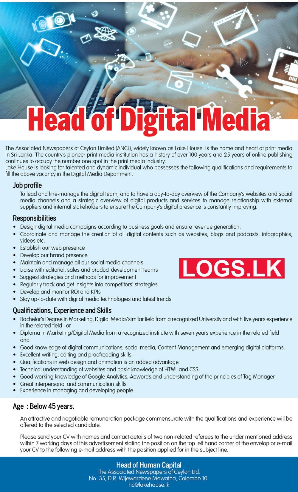 Head of Digital Media Vacancy 2023 in Associated Newspapers of Ceylon