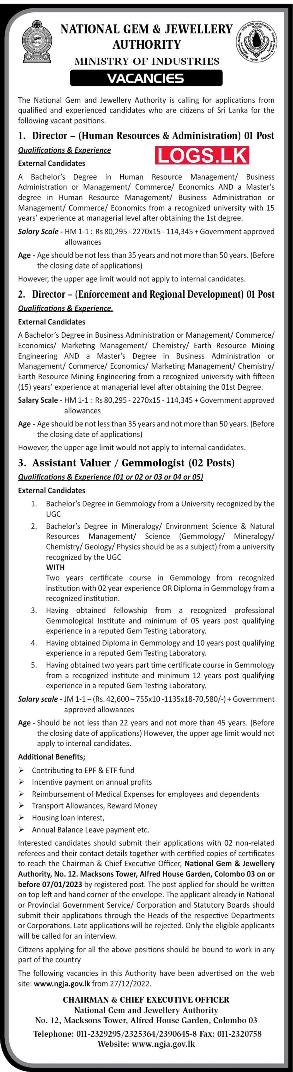 National Gem & Jewellery Authority Vacancies 2023 Application Form, Details Download