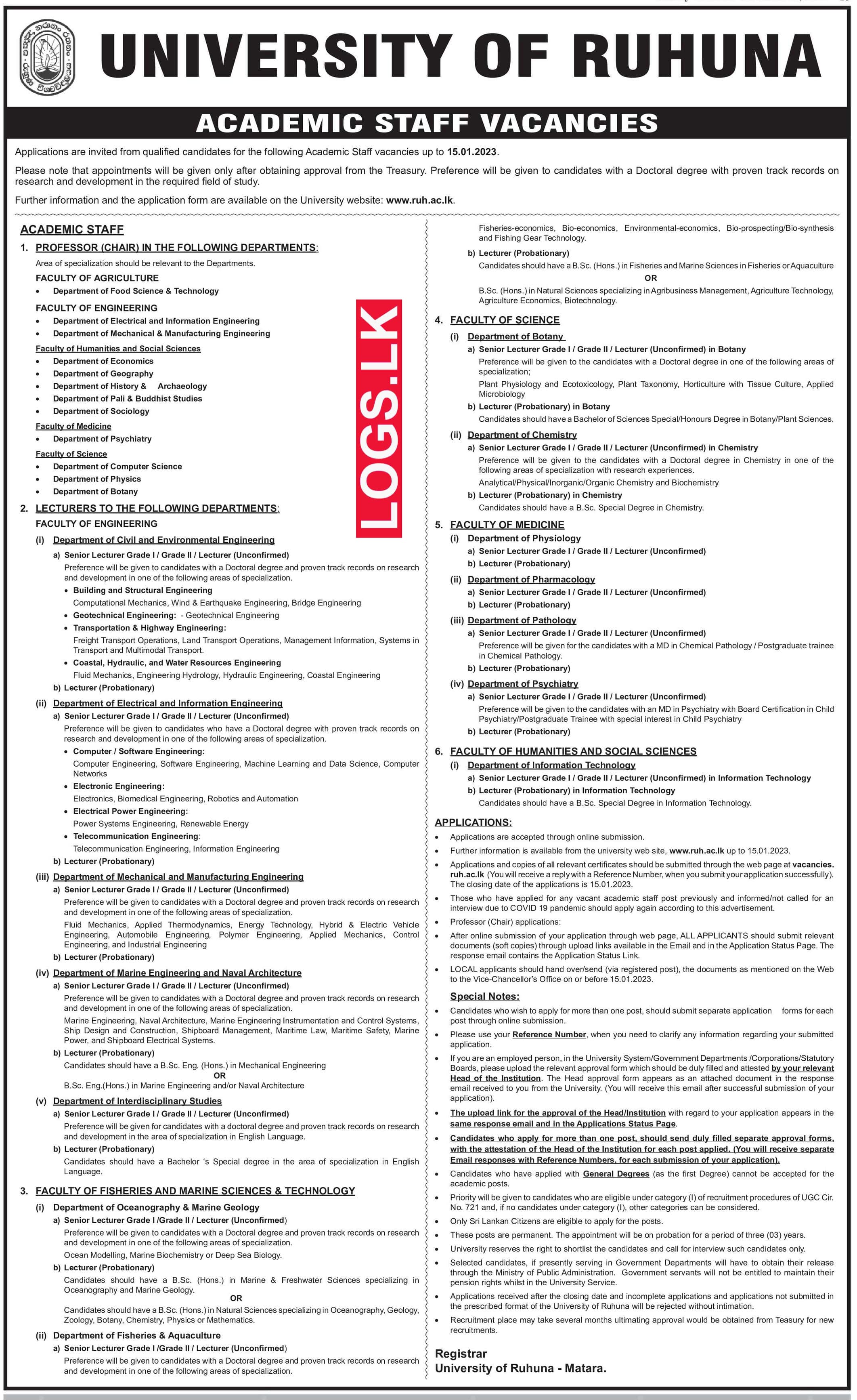 University of Ruhuna Academic Staff Vacancies 2023 Application Form, Details