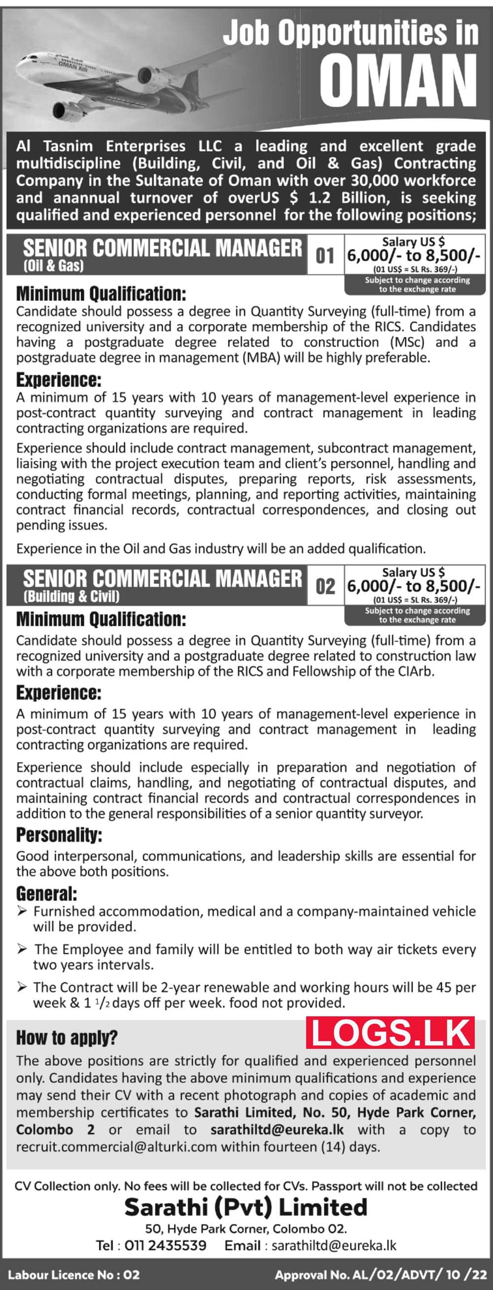 Senior Commercial Manager Job Vacancies in Oman Details, Application