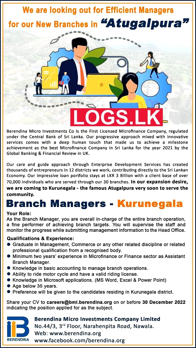 Branch Managers Jobs Vacancies in Kurunegala Berendina Details, Application