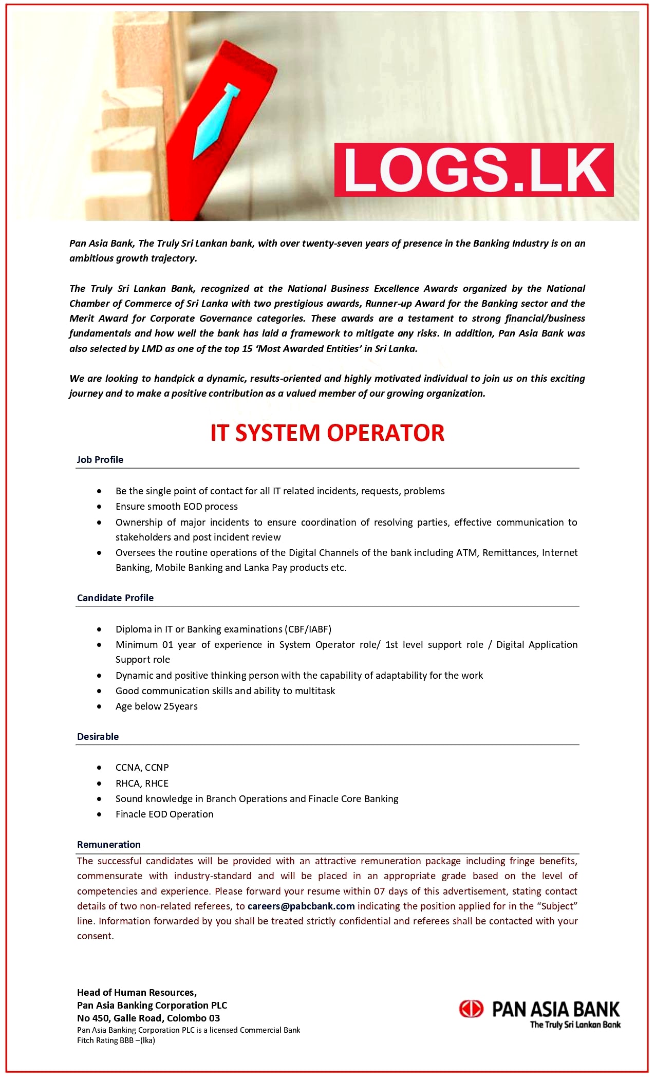 IT System Operator Job Vacancy 2023 in Pan Asia Bank Jobs Vacancies 2023 in Sri Lanka