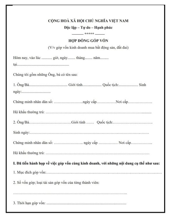 Mẫu hợp đồng góp vốn mua đất