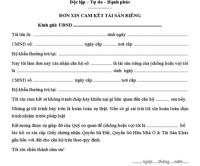 Thủ tục làm giấy cam kết tài sản riêng năm 2023