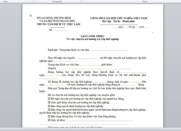Giấy giới thiệu chuyển nơi hưởng trợ cấp thất nghiệp