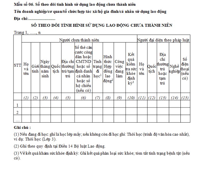 Mẫu sổ theo dõi tình hình sử dụng lao động chưa thành niên 2023