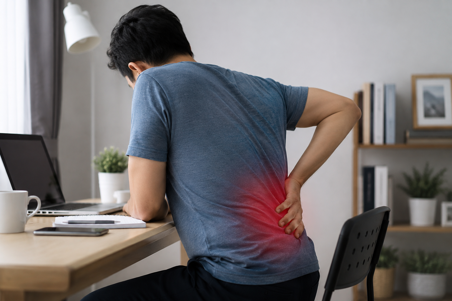 Man experiencing lower back pain while working at a desk