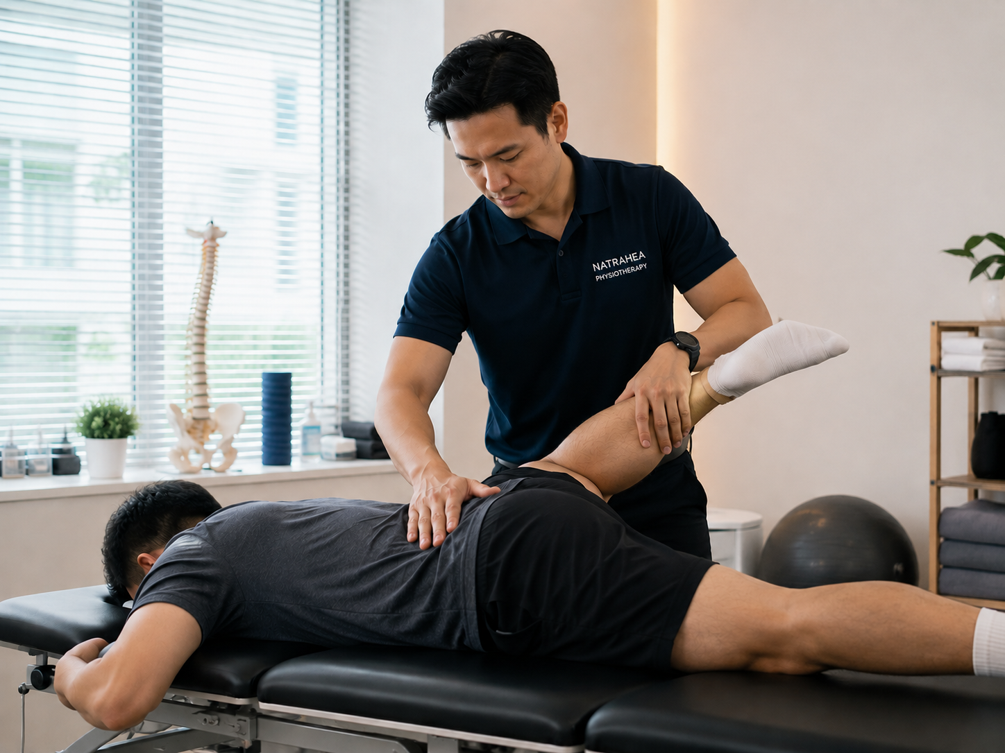 Physiotherapist assessing a patient's lower back and leg movement