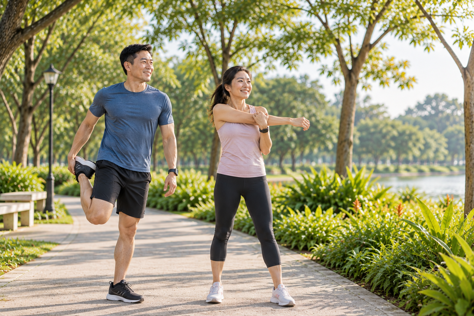 Two Adults Stretching in the Park
