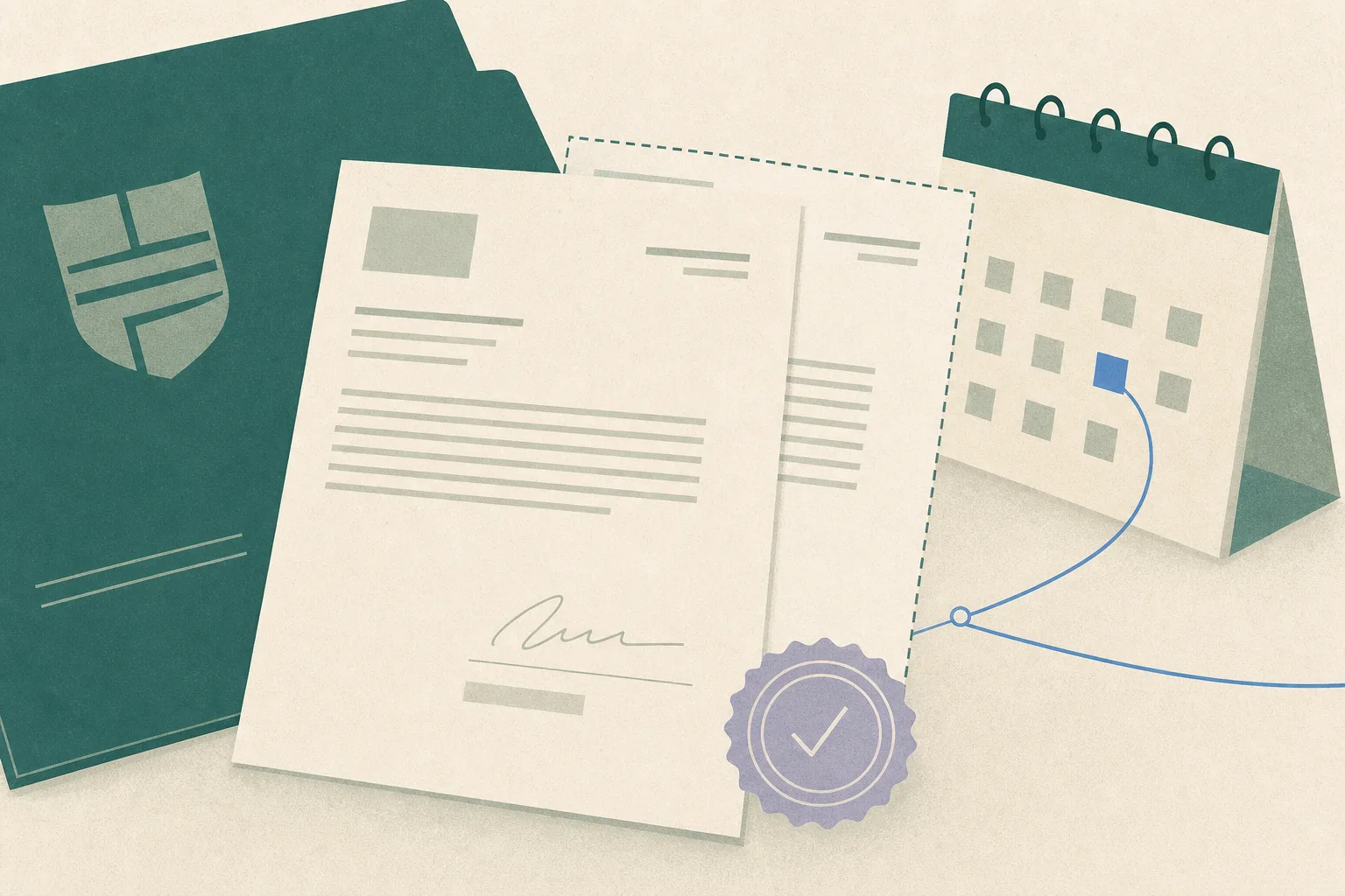 Close-up illustration of plain academic application papers beside a small court calendar card, with an offset document outline, detached verification mark and restrained blue geometric accents.