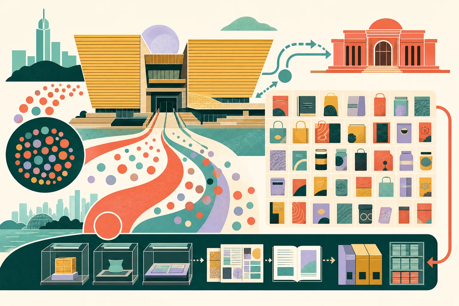 Flat cut-paper illustration of a museum exhibition building with blue and teal visitor-flow bands, a coral grid of merchandise packages, and archive-like blocks leading toward a research node.
