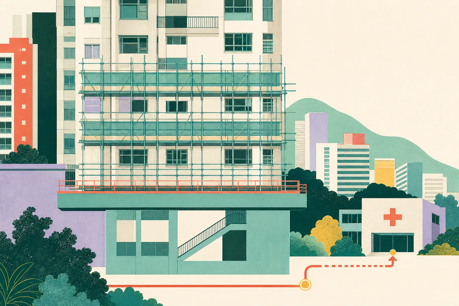 A cut-paper illustration of a Hong Kong residential facade with external scaffolding and an elevated platform, linked by a thin route line to a simple hospital block.