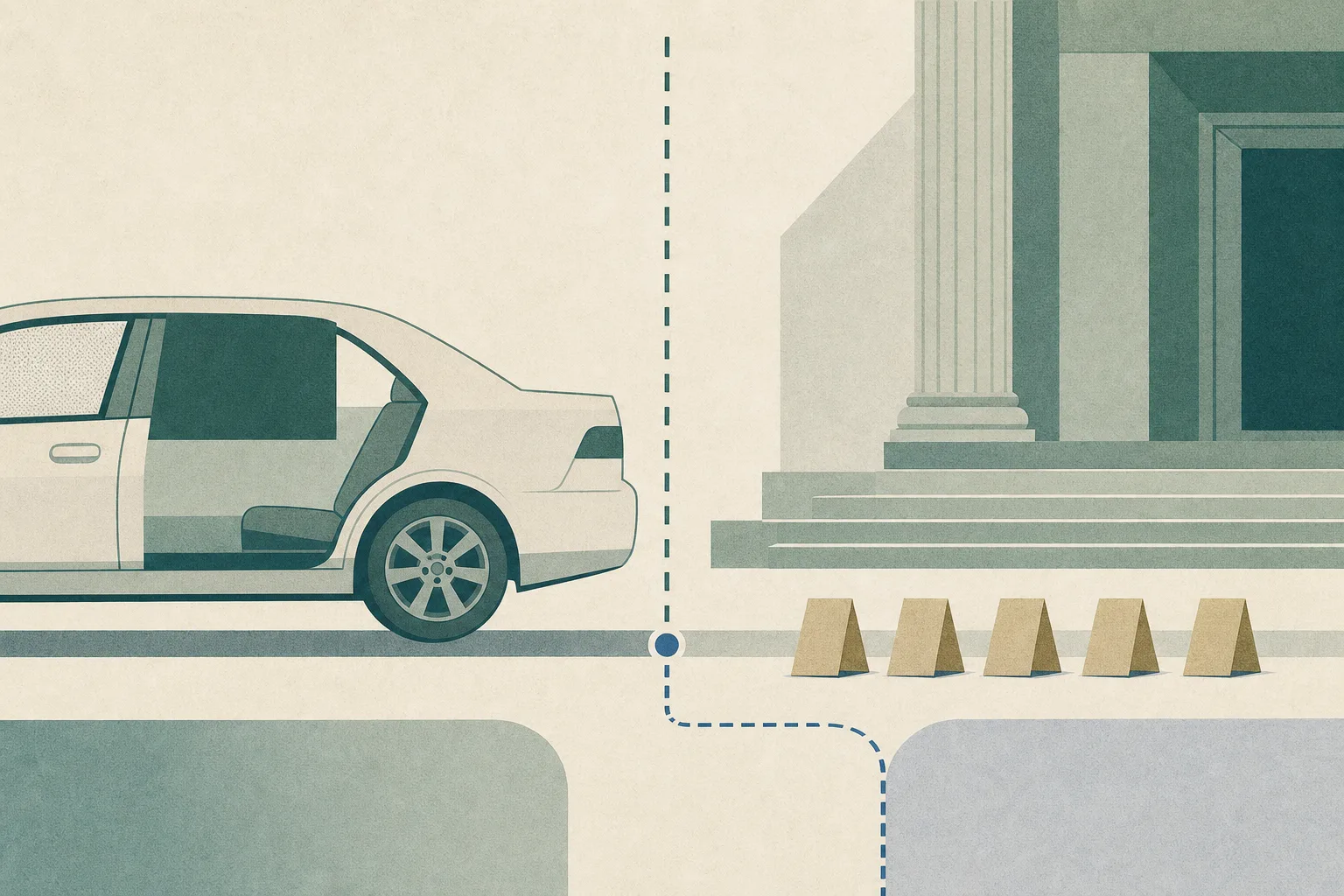 Abstract diagram of a quiet courthouse threshold and a simplified private car with an obscured window and lowered seat, separated by a boundary line and accompanied by five neutral markers; no people or alleged acts are shown.