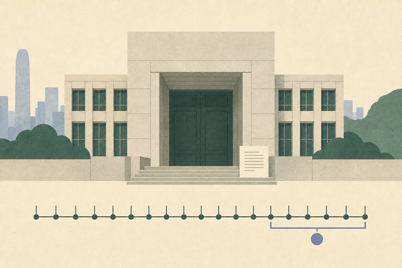 Flat cut-paper illustration of a Hong Kong courthouse facade with a closed courtroom doorway, a small docket shape and a restrained horizontal timeline marked with evenly spaced divisions.