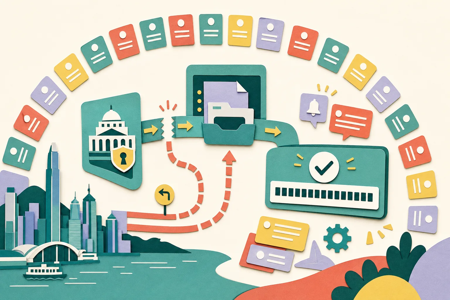 A cut-paper diagram of a digital tax-filing process shows a signing gateway leading toward an eTAX panel, an interrupted return path, and a final confirmation panel marked by sixteen small blocks. Reminder cards and eighteen recommendation tabs surround the route.