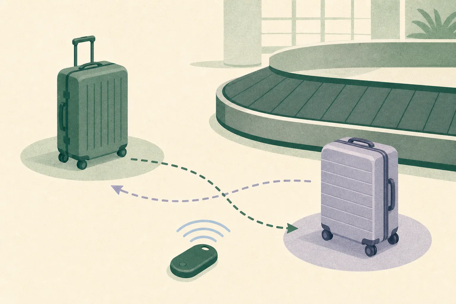 Close-up editorial illustration of two pieces of luggage beside a simplified airport baggage carousel, connected by a restrained returning route line, with a small tracking-device symbol nearby.