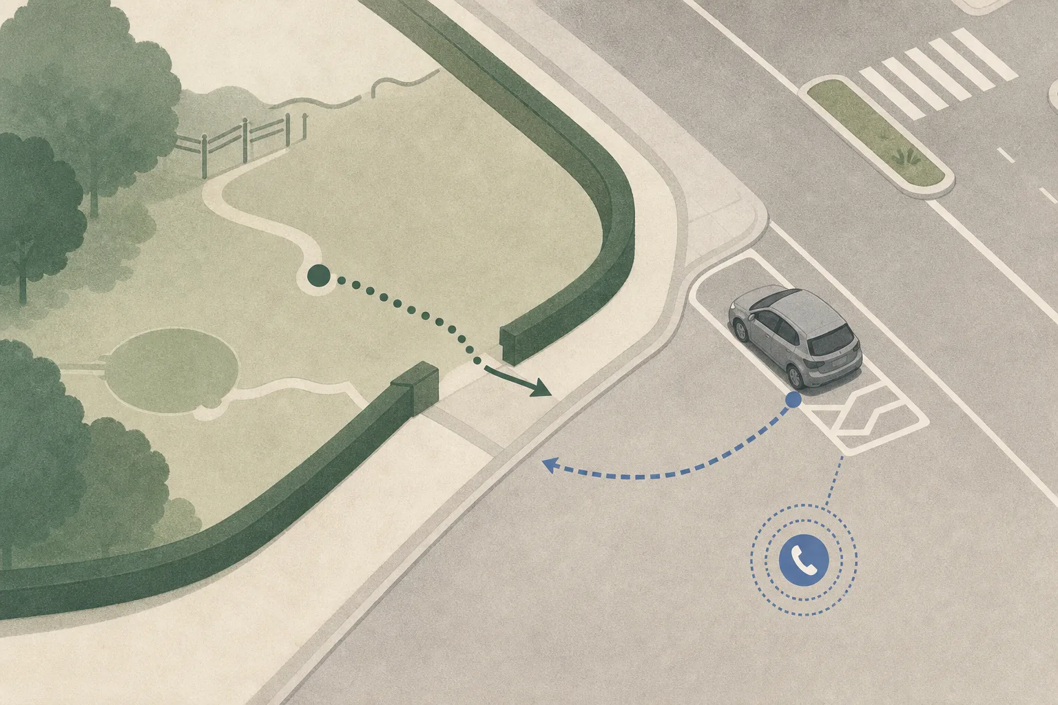 Abstract cut-paper diagram of a park boundary beside an unspecified urban road, with a private car positioned at a marked safe roadside area and a restrained communication line leading to a neutral police-contact symbol.