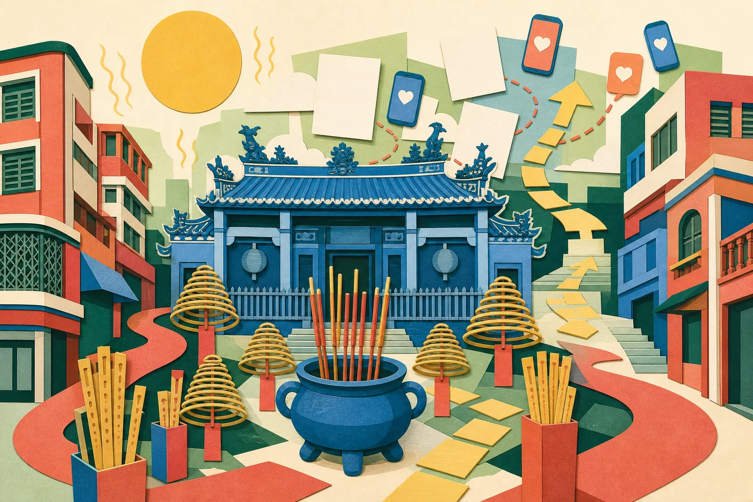 Cut-paper illustration of Man Mo Temple in Sheung Wan with incense coils, fortune sticks, abstract job-search cards and small social-media tile shapes arranged in a warm summer street scene.