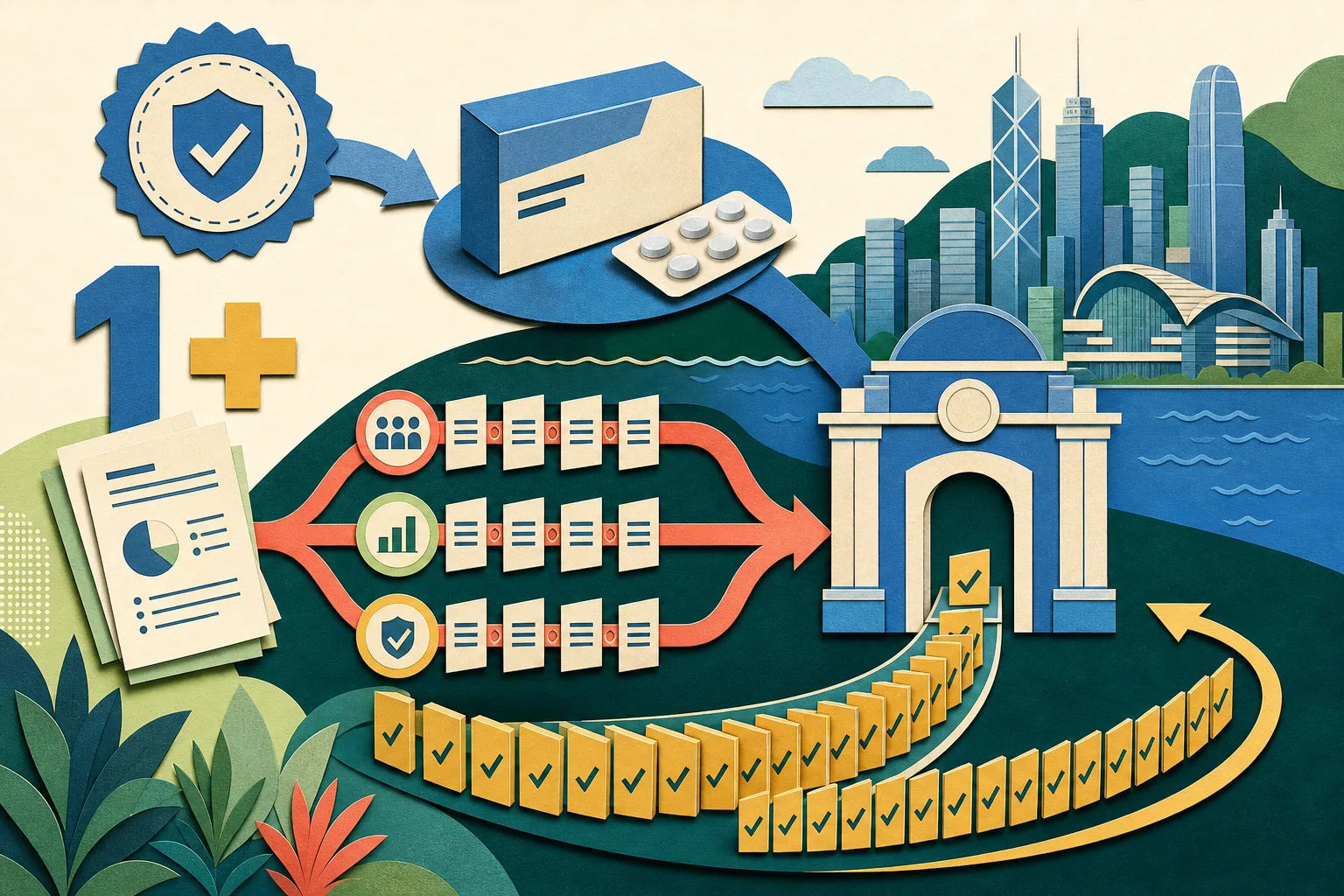 Cut-paper diagram of a generic medicine package moving through a Hong Kong registration gateway, as an external regulatory approval and local data-review documents converge under a prominent “1+” marker; 22 small approval tiles form an arc beside the route.