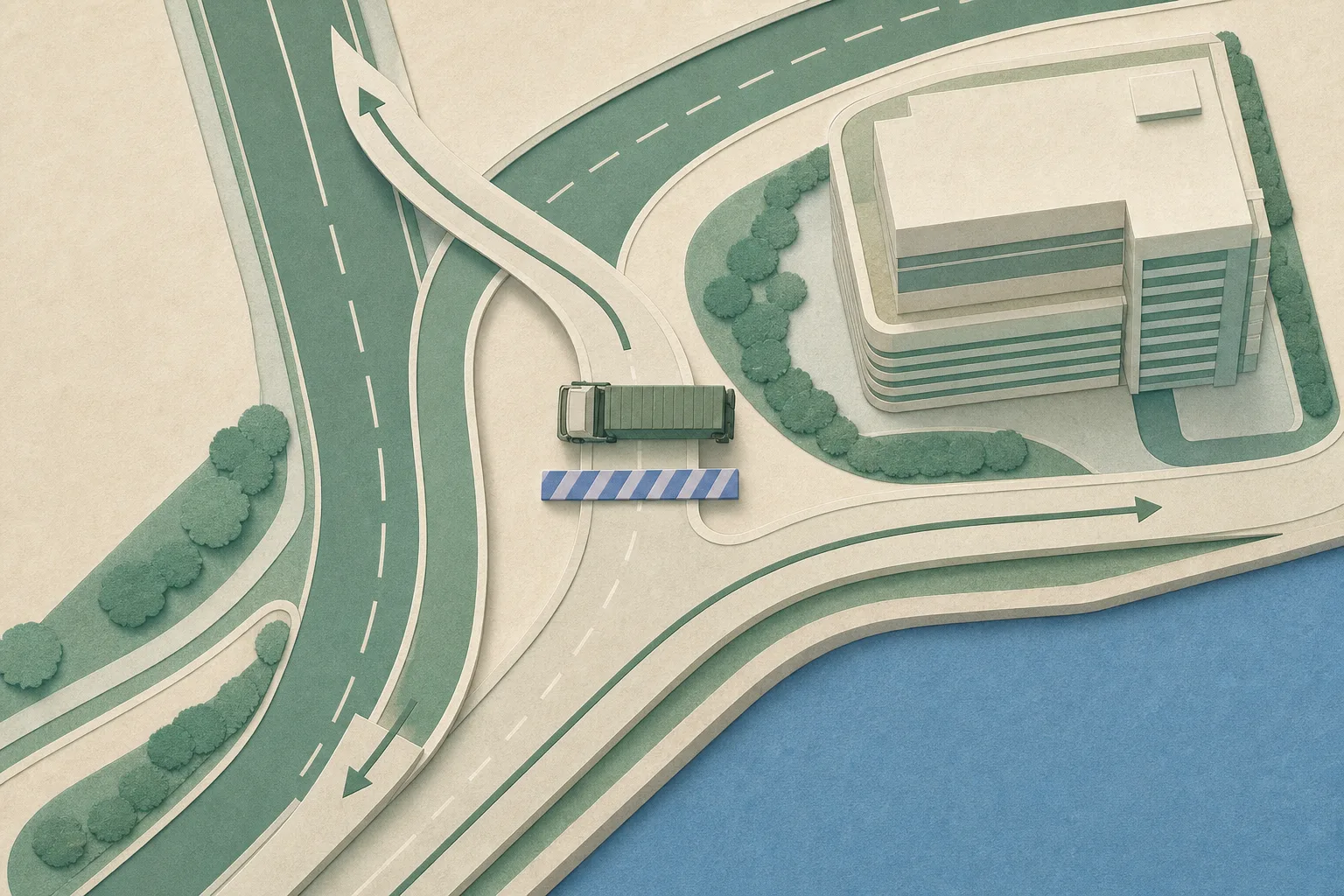Top-down cut-paper road diagram showing a simplified cargo truck lying across a Kai Tak slip road beside a block representing Hongkong Post Headquarters, with a closure barrier and directional lanes around the interruption.