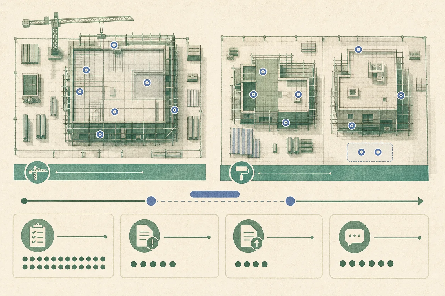 A top-down cut-paper diagram of simplified construction-site blocks divided into new and renovation areas, connected to restrained data cards showing 1,721 inspections, 44 fixed-penalty notices, 12 improvement notices and 111 complaints, with a small date band for July 17 to August 8.