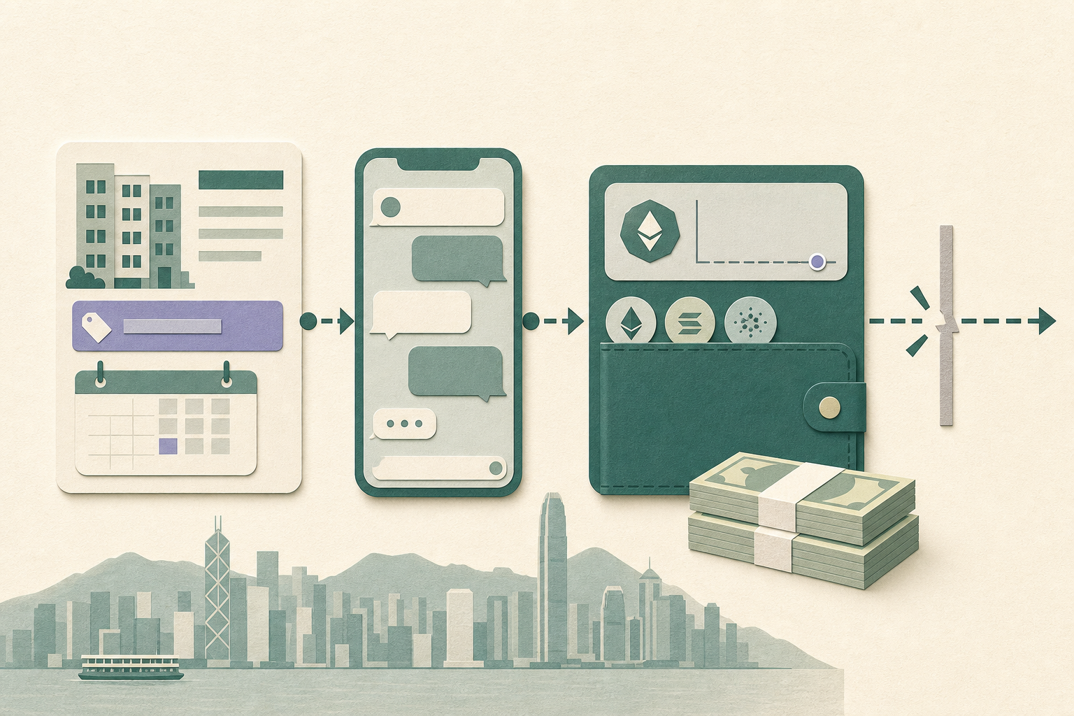 A flat cut-paper diagram shows a property-rental listing card connected to an abstract messaging panel and a cryptocurrency wallet. Cash blocks sit beside the wallet, while a broken route leads away from a wallet panel marked with a zero balance.