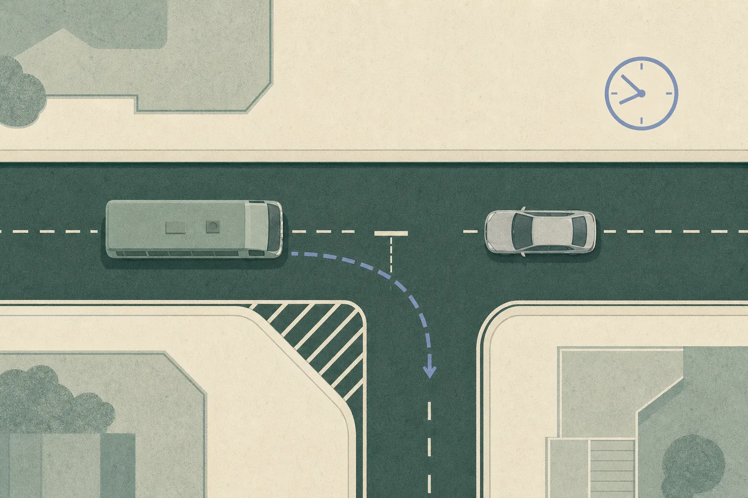 Top-down cut-paper illustration of a Hong Tung Street junction with two unoccupied simplified vehicle shapes on opposing lanes, an interrupted road boundary, and a dashed provisional turning path.