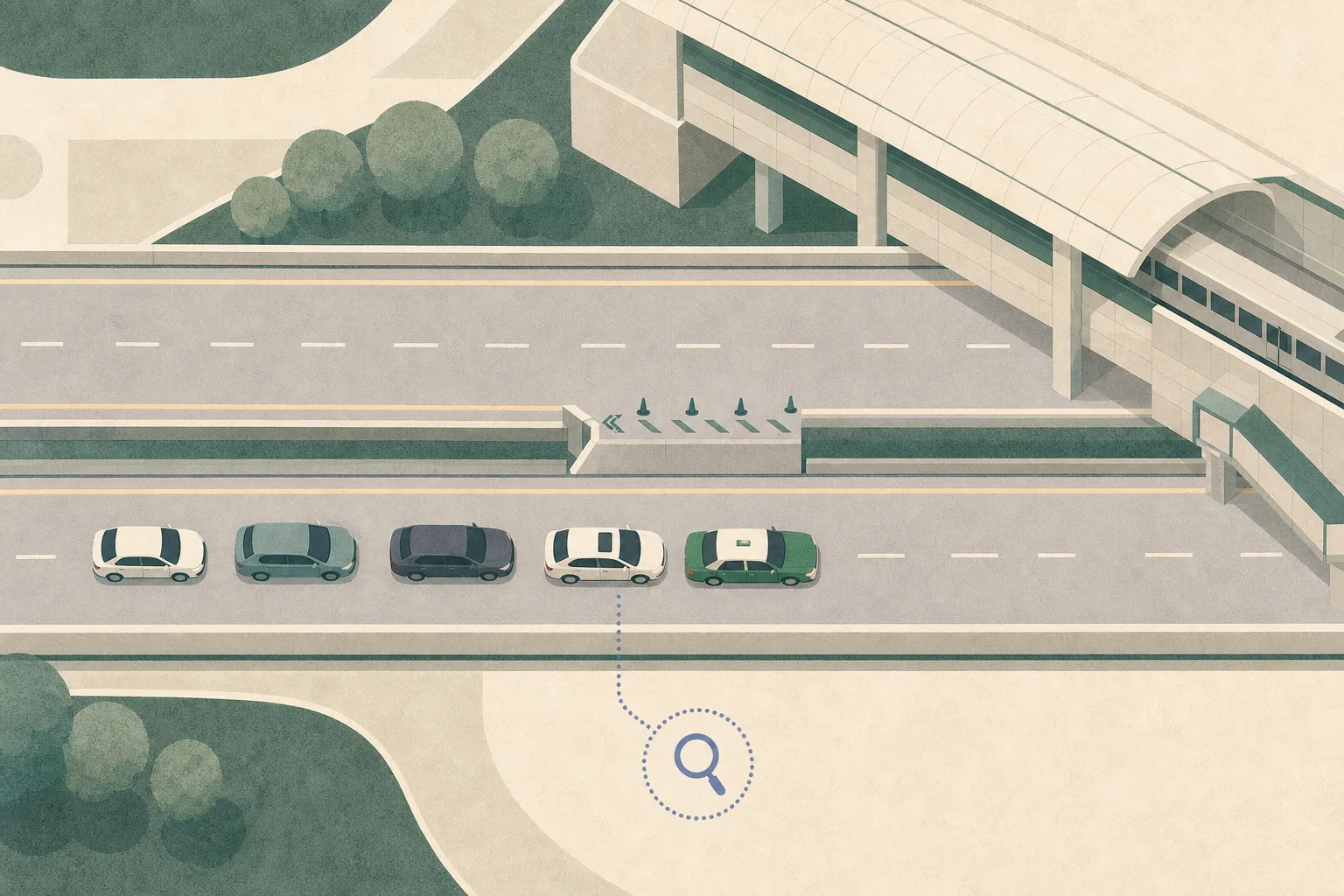 Top-down cut-paper abstraction of a divided highway beside an elevated rail-station form, showing four small vehicle shapes, an interrupted fast lane and a muted line of traffic on the remaining lanes.