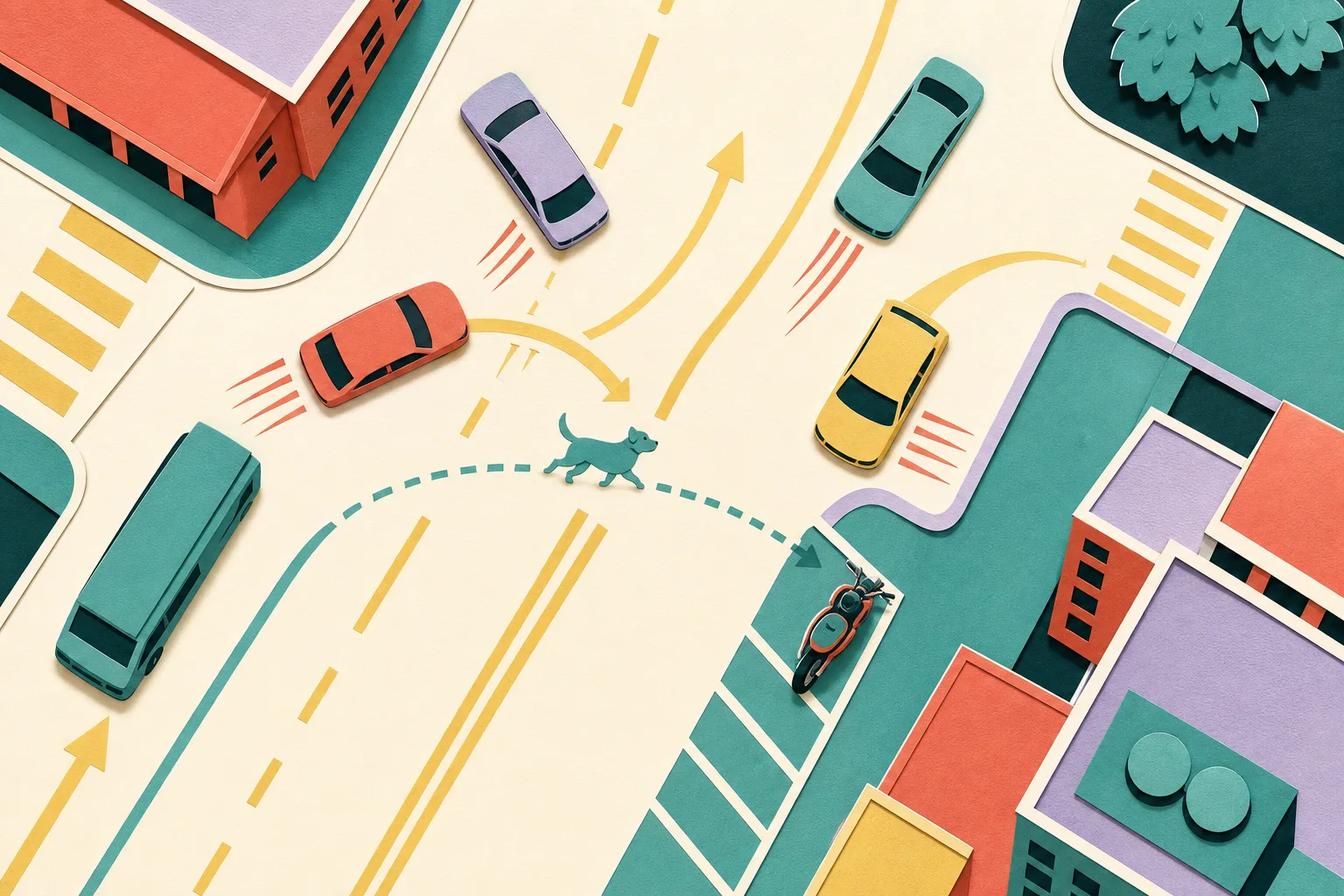 Top-down cut-paper illustration of a small dog crossing a simplified city road while several abstract vehicles brake and a motorcycle stops nearby; directional paths show the traffic changing course without depicting a collision or injury.