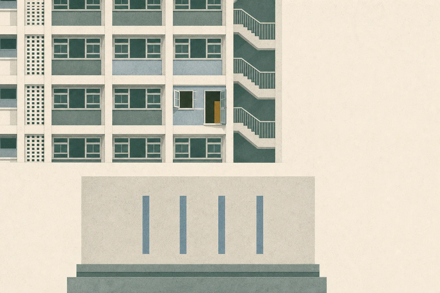 A sparse cut-paper illustration of a simplified public-housing tower, with one apartment bay marked by an open window and doorway. A small court-record panel with four abstract vertical marks sits below, in mineral blue, warm grey and off-white.