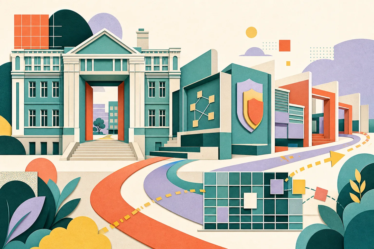 A cut-paper university campus facade opens into a sequence of reorganised geometric blocks and pathways, with a small connected-node network and layered shield panels integrated into the architecture. Dusty teal, mineral blue, muted ochre and soft coral accents create a lively but measured civic-pop