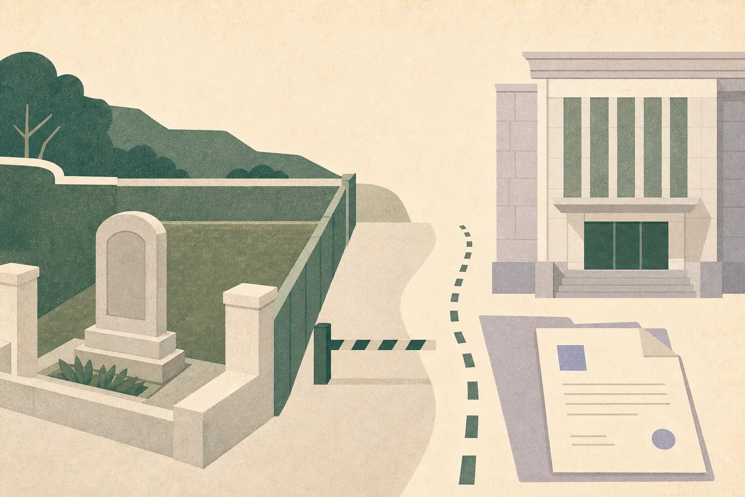 A flat cut-paper illustration of an anonymous cemetery boundary with an intact grave marker, a blocked path, and abstract courthouse and case-file shapes arranged in a quiet procedural composition.