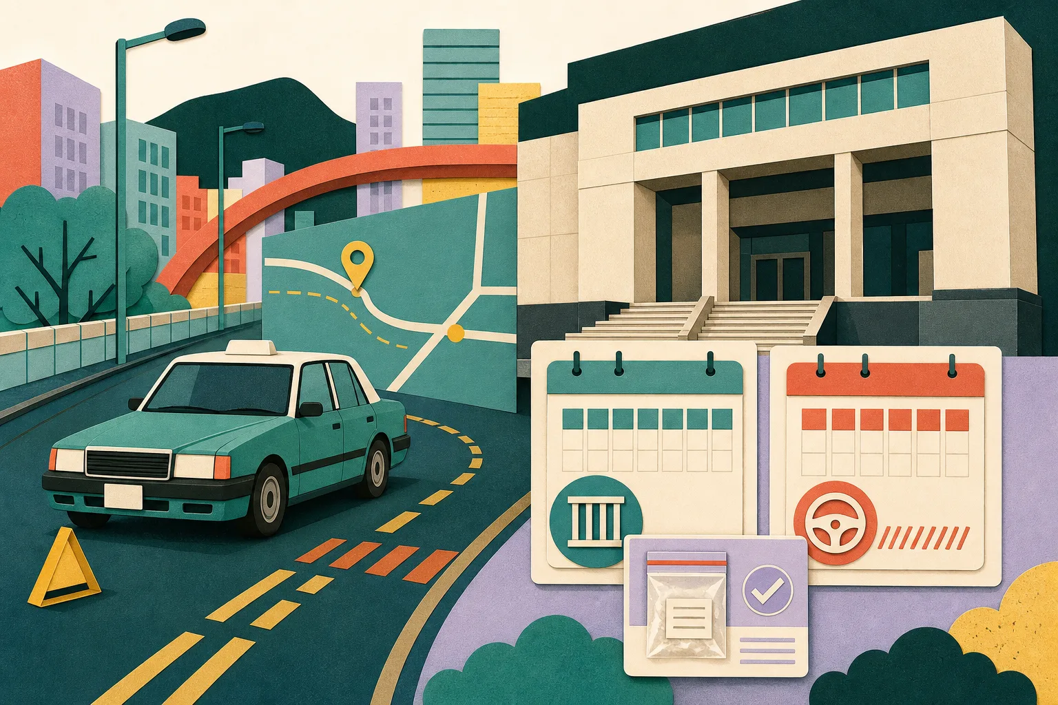 Cut-paper collage of a simplified Hong Kong taxi beside an interrupted urban road, a geometric magistrates’ court façade, a sealed laboratory test card and calendar and licence-card motifs marking four months and five years.