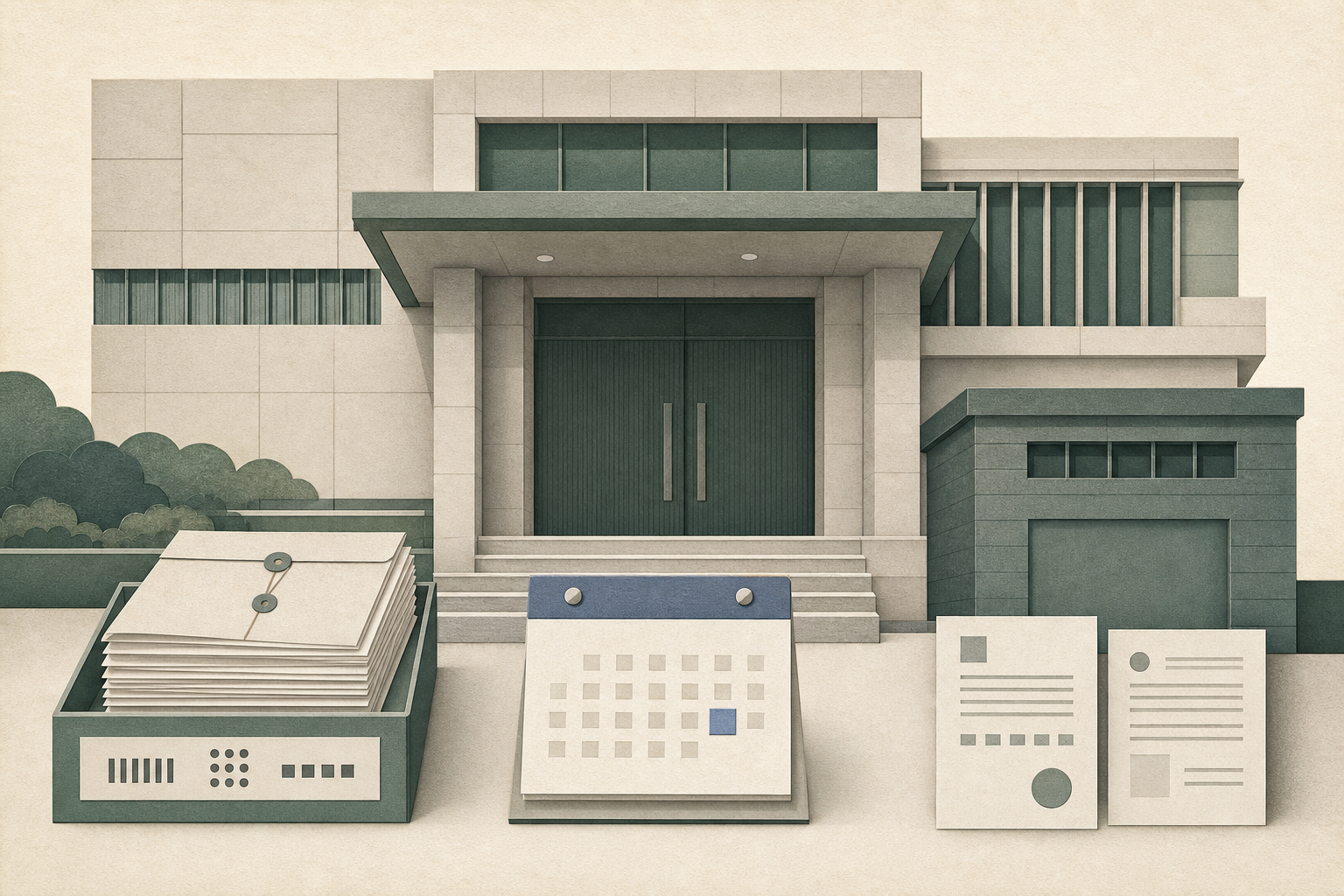 A restrained cut-paper illustration of a Hong Kong court building with a closed courtroom entrance, abstract case folders, report sheets and a calendar marker for 31 August 2026, using muted blue and grey shapes with no people or explicit imagery.