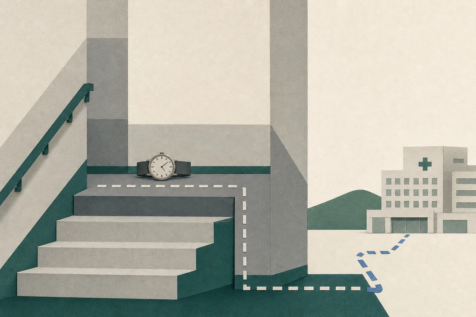 Flat cut-paper illustration of an anonymous stairwell landing with a handrail, a watch behind a boundary line, and a quiet route marker leading toward a simplified hospital building.