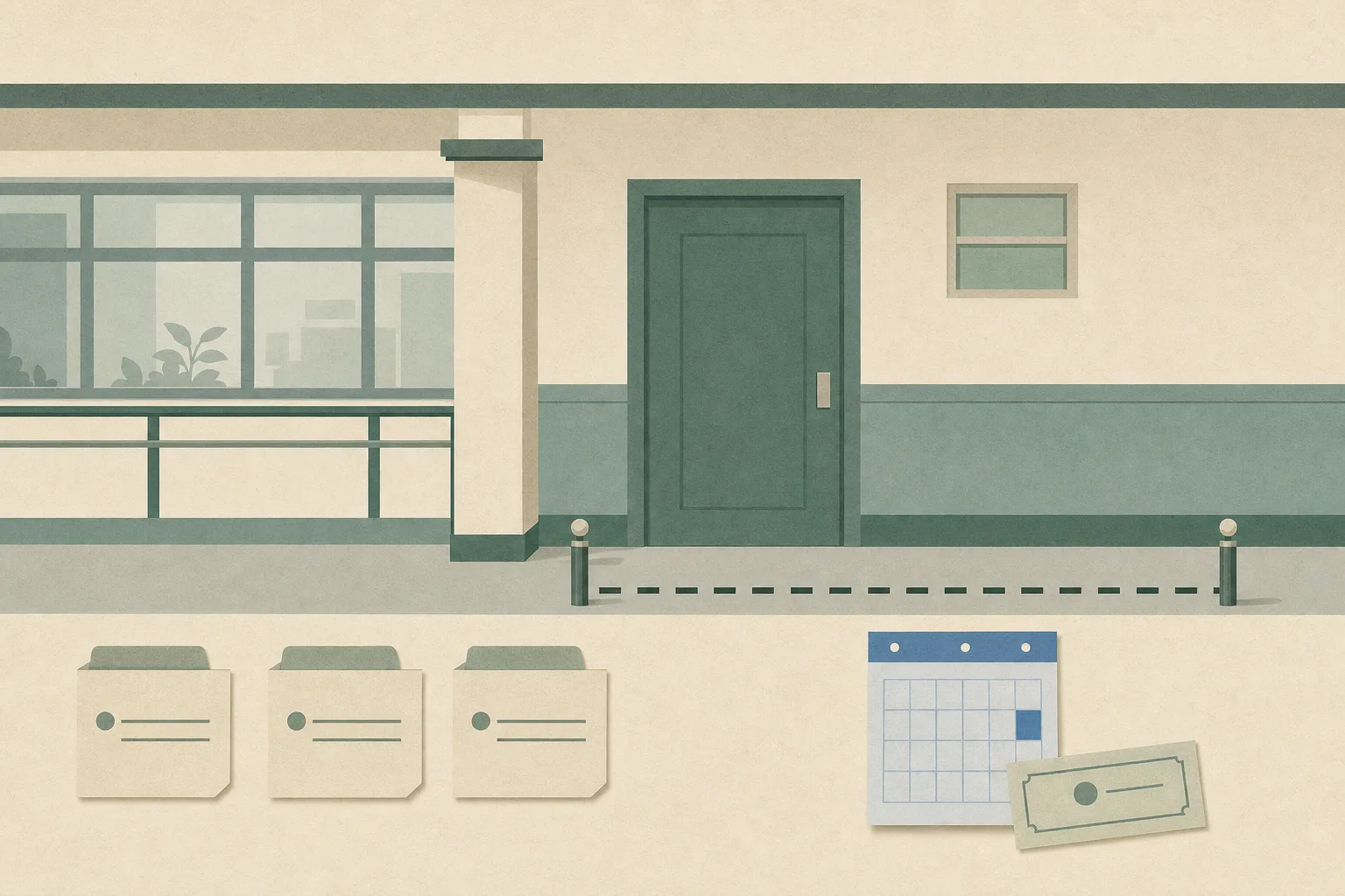 A flat cut-paper illustration of a generic care-facility corridor with a closed room door behind a boundary line, three neutral document tabs, and a small October 8, 2026 calendar square.