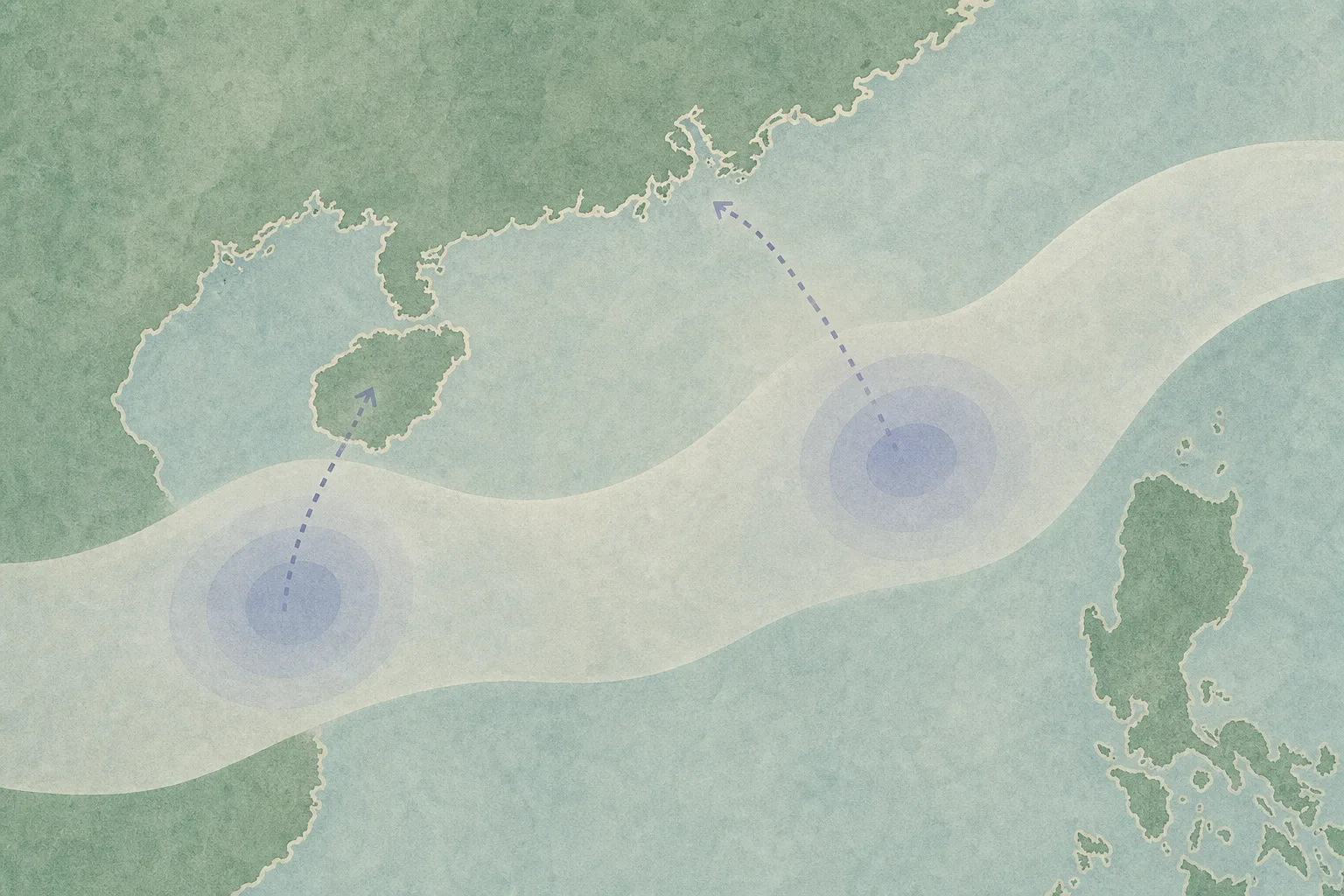 A top-down cut-paper weather-map illustration shows a broad blue atmospheric band across the northern South China Sea, two soft circular low-pressure areas, and incomplete dashed paths toward Hainan and the waters near Hong Kong.