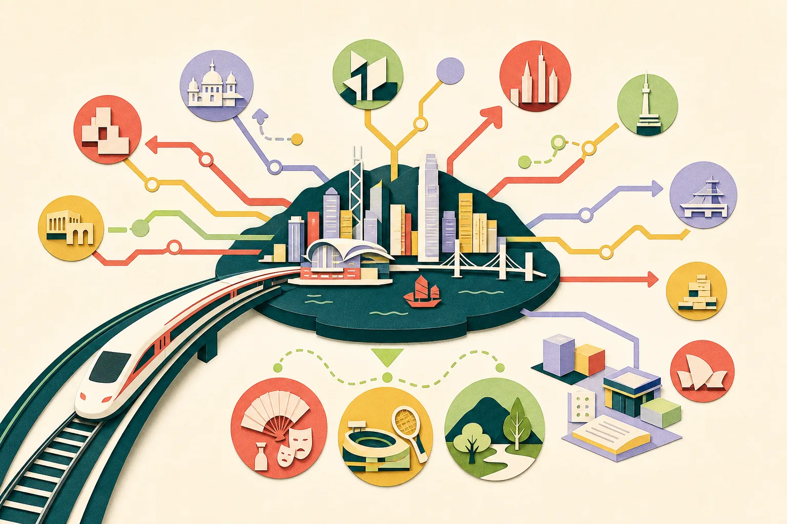 A cut-paper diagram of Hong Kong as a central harbour gateway, with branching route lines to varied abstract destination nodes, a connected high-speed rail form, event blocks and small culture, sport and nature motifs.