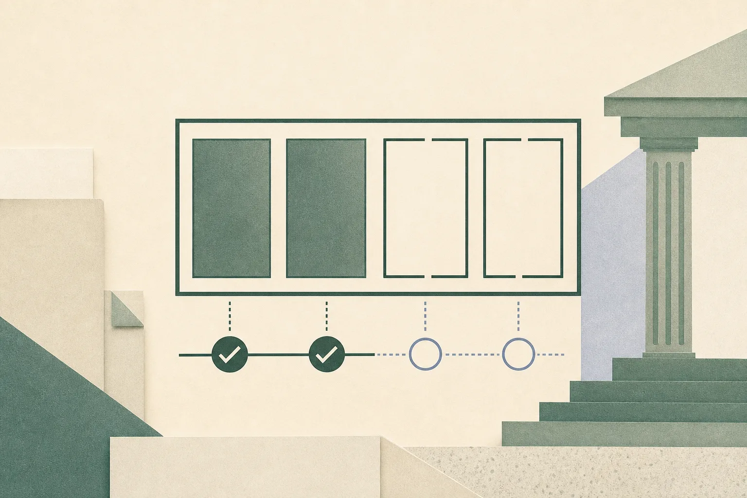 A restrained flat illustration of a four-panel framed artwork beside an abstract four-part payment sequence, with two segments completed and two left open, arranged on quiet courthouse-inspired paper shapes.
