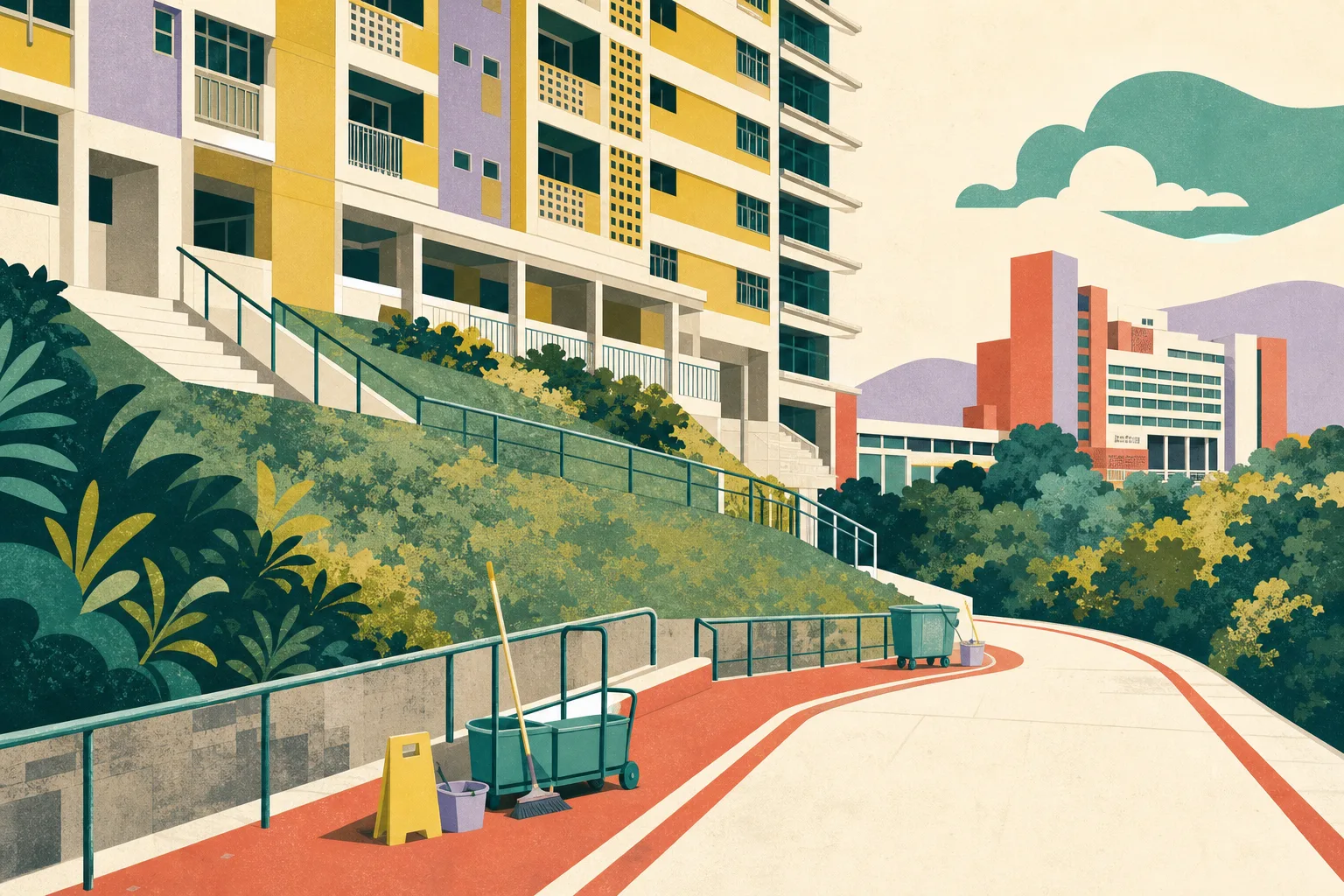 A flat cut-paper illustration of a Shek Lei hillside beside a public-housing block, with an empty cleaning-work area and a distant simplified hospital building connected by an open path.