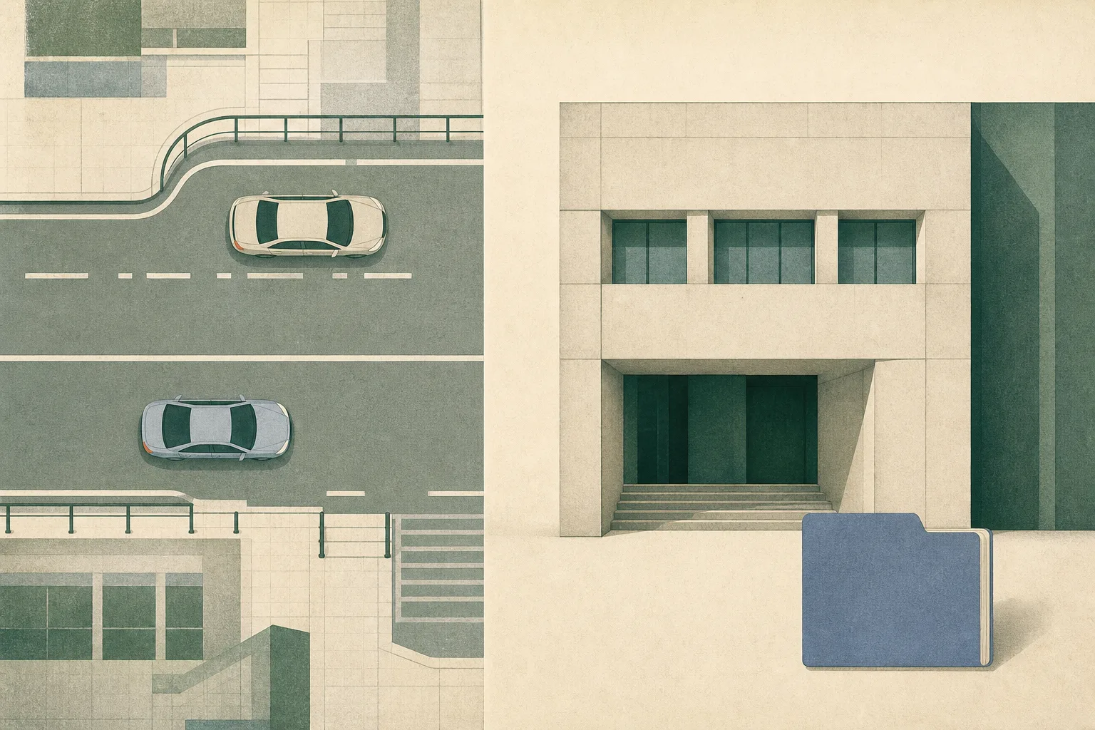 A restrained cut-paper illustration shows an interrupted Wan Chai road segment with two separate car shapes beside a simplified magistrates’ court facade and a closed case document.