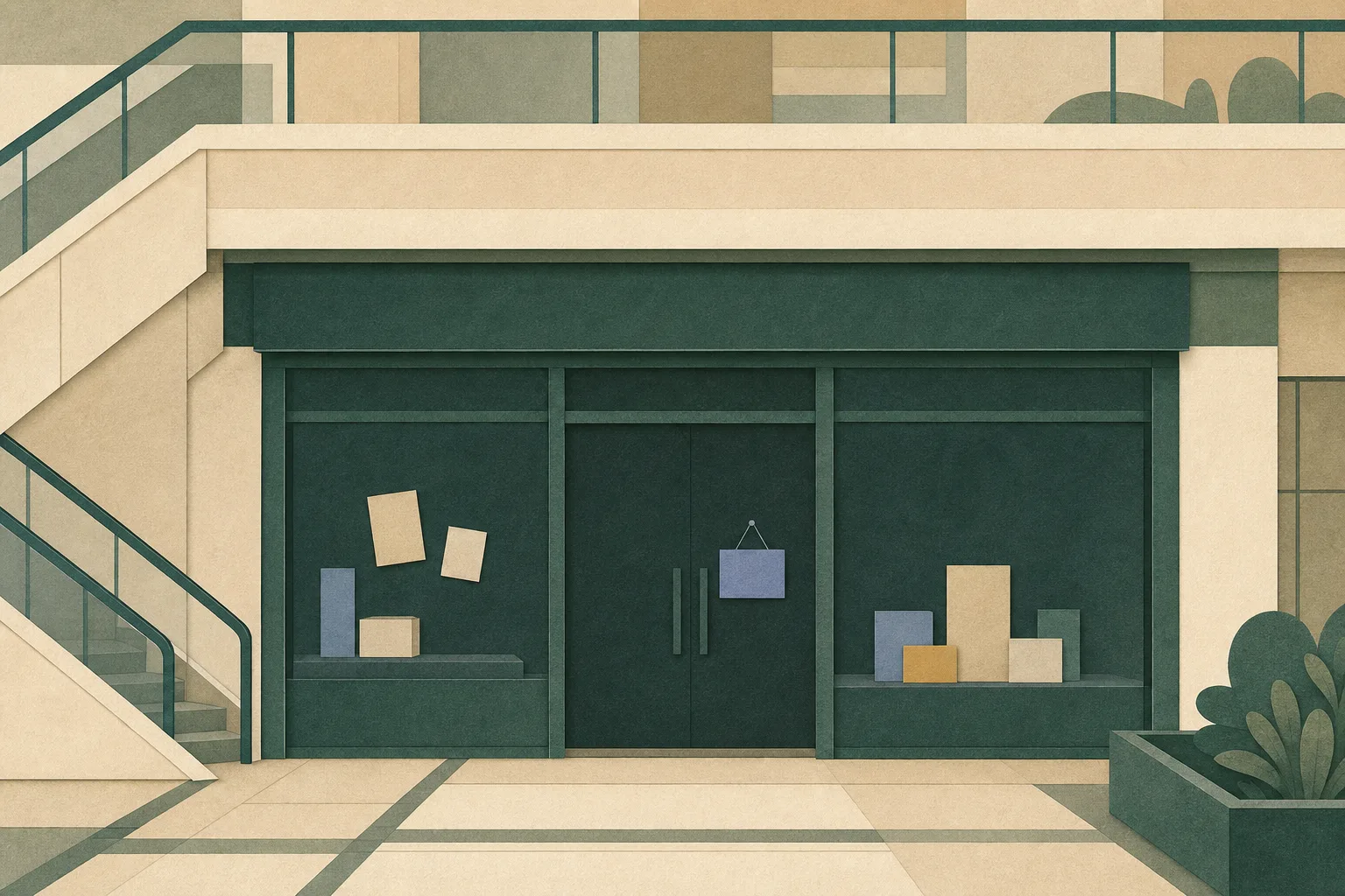 Flat cut-paper illustration of a closed beauty shop frontage inside a simplified shopping mall, with a blank notice on the entrance and abstract receipt-like paper shapes nearby.