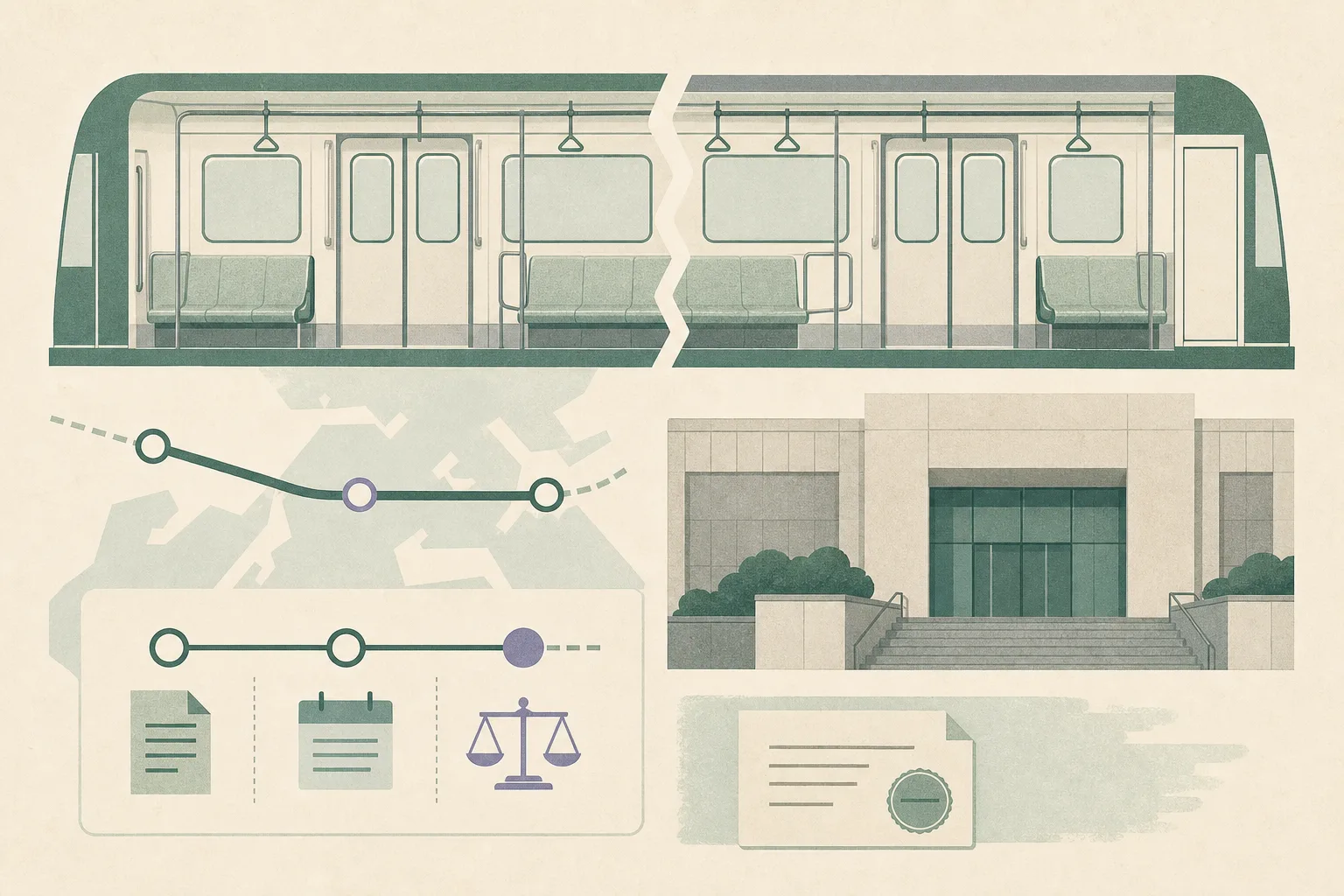 A simplified empty train carriage and a restrained courthouse façade are linked by a thin procedural route line, with an interrupted boundary inside the carriage and small neutral administrative markers.