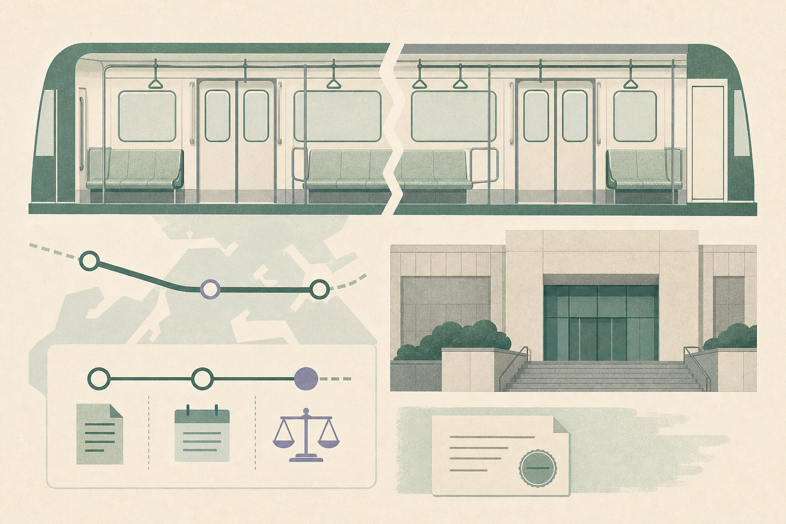 A simplified empty train carriage and a restrained courthouse façade are linked by a thin procedural route line, with an interrupted boundary inside the carriage and small neutral administrative markers.